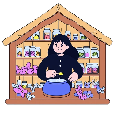 A witch with long, flowing black hair is standing inside a medieval hut made of wooden beams and thatched roofing. She is wearing a dark robe and holding a wooden spoon, stirring a bubbling potion in a cauldron. The cauldron is filled with vibrant colors, reflecting the ingredients inside. Scattered around her are various petals and herbs, some freshly picked and others dried, all neatly organized in small glass jars on shelves nearby. The hut is illuminated by the soft glow of flowers that emit a gentle light, adding to the mystical atmosphere. A few glowing flowers are placed on the wooden table beside her, enhancing the enchanting scene.