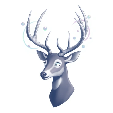A deer's head is depicted in a digital fantasy style. The antlers are elongated and intricately designed with geometric patterns, resembling circuitry. Surrounding the head are various futuristic elements, such as glowing orbs and holographic interfaces. The eyes of the deer have a luminous quality, giving them an otherworldly appearance. The fur is stylized with sleek, flowing lines, enhancing the futuristic theme. The overall composition suggests a blend of nature and advanced technology, creating a striking visual impact.
