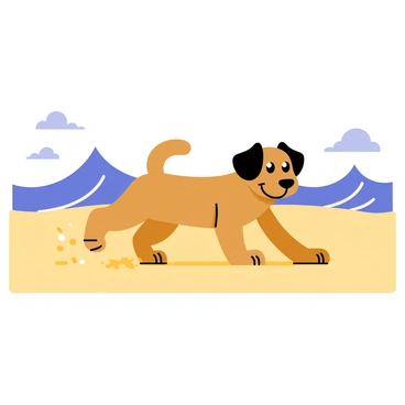 A dog joyfully digging in the sand while waves crash in the background