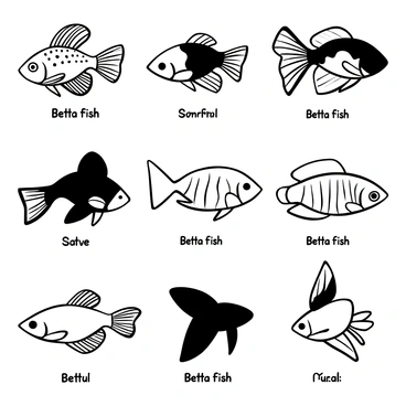 A series of black-and-white illustrations depicting different variations of betta fish. Each illustration showcases a distinct type of betta fish with unique fin shapes and body patterns. One illustration features a betta fish with long, flowing fins and intricate scaling, while another presents a compact version with vibrant but detailed patterns. Each fish is positioned against a simple background, allowing for clear visibility of their anatomical structures. Labels identifying the species are placed neatly below each illustration.