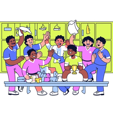 A group of players in a locker room with bright green lockers in the background. They are wearing sports uniforms and are smiling widely, showing excitement. Some players are high-fiving each other, while others are throwing towels in the air. A few players are holding a trophy with a shiny gold finish, and others are clapping their hands together. Water bottles are scattered on the bench, and various colorful jerseys hang on hooks nearby. The atmosphere is lively and full of energy as the players celebrate their victory.