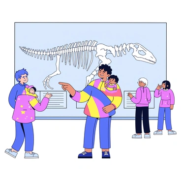 A parent carrying their baby in a colorful wrap. The wrap is made of soft fabric with a pattern of small stars. The parent is standing in front of a large museum exhibit that features a dinosaur skeleton. The exhibit is well-lit, highlighting the intricate details of the bones. There are informational plaques beside the exhibit that provide details about the dinosaur. The parent looks engaged, with a gentle smile as they point towards the skeleton, while the baby looks curiously at the exhibit. The background features other visitors admiring different displays.