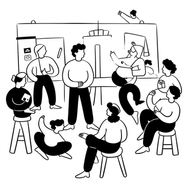 An illustration of "Andrew Loomis" standing in front of a large easel, demonstrating a drawing technique. He is surrounded by a diverse group of art students attentively observing him. Some students are sitting on stools, sketchbooks open in front of them, while others stand with pencils in hand, ready to practice. The room is filled with art supplies, including paintbrushes, canvases, and reference images hanging on the walls. The atmosphere conveys a sense of learning and inspiration.