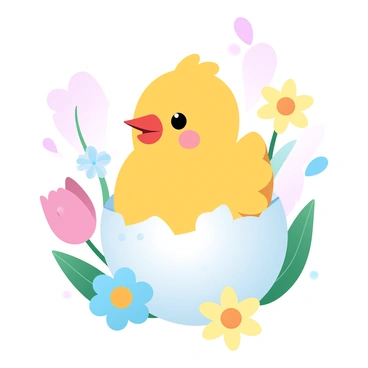 A cute Easter chick is peeking out from a cracked egg, with its fluffy yellow feathers showing. The egg is white with subtle texture details, and bright pastel colors are visible on the shell. Surrounding the chick and egg are various colorful flowers, including pink tulips, blue daisies, and yellow daffodils, all in soft pastel shades. The flowers are arranged in a natural setting with gentle green leaves adding contrast. Soft light highlights the scene, creating a cheerful atmosphere.