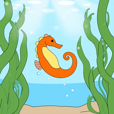 A small seahorse with an orange and yellow body is playfully swimming among towering strands of green kelp. The seahorse has curled tail and small fins, showcasing its delicate features. The kelp sways gently in the water, with long, flowing fronds creating a lush underwater environment. Sunlight filters down from the surface, casting soft, dappled light across the scene. Tiny bubbles rise from the seahorse as it maneuvers happily through the vibrant underwater landscape.