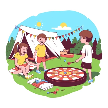 A group of children are playing darts at a summer camp activity area. There are four kids gathered around a brightly colored dartboard, with an orange bullseye at the center. One boy with short brown hair is aiming carefully, holding a blue dart, while his friends cheer him on. To the left, a girl with pigtails is laughing, wearing a yellow t-shirt and shorts. A large tent in the background is decorated with colorful bunting, and the green grass underneath is dotted with picnic blankets and camp supplies. The sun is shining brightly in the clear blue sky above the scene.