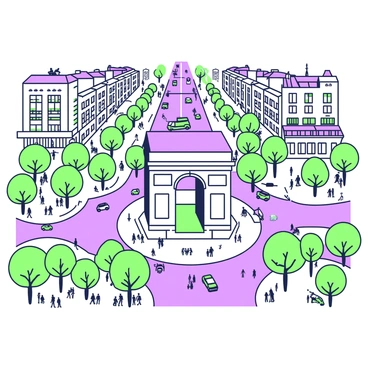 An aerial view captures the "Arc de Triomphe" prominently located in the center of "Place Charles de Gaulle." Surrounding the monument, multiple roads radiate outward, filled with vehicles and pedestrians. The bustling atmosphere is highlighted by various trees lining the square, with green leaves visible amidst the urban setting. In the background, a mix of buildings can be seen, some featuring balconies and intricate architectural details. The scene is lively, conveying the energy of the city as people navigate the space around the iconic landmark.