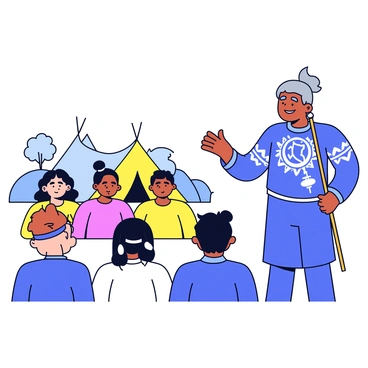 An elder person with gray hair and a wise expression is standing in front of a group of younger tribe members. The elder is wearing traditional clothing, decorated with intricate patterns. The younger members are gathered around, attentively listening. In the background, there are several tents and nature elements like trees or a river, indicating they are preparing for relocation. The elder is gesturing with one hand while holding a walking stick in the other hand. The atmosphere conveys a sense of community and shared purpose.