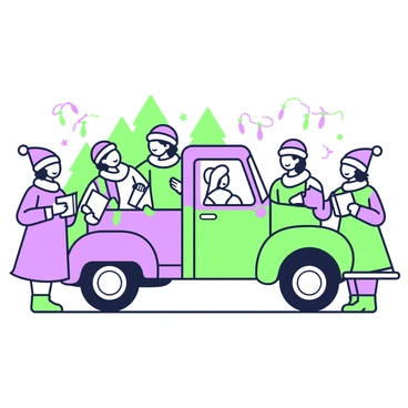 A group of Christmas carolers is standing together beside a truck. The truck is decorated with bright ribbons and lights, creating a festive atmosphere. Each caroler is wearing winter clothing, including scarves and hats, with some holding songbooks. The carolers are singing joyfully, with expressions of happiness on their faces. In the background, there are soft silhouettes of trees, adding to the holiday spirit. The scene captures the warmth and joy of the Christmas season.