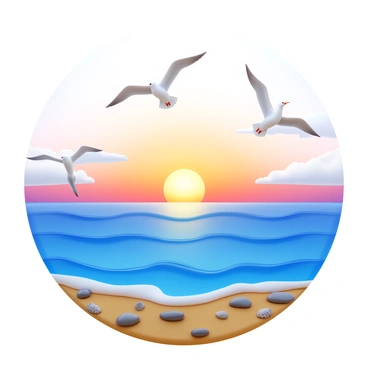 A 360-degree view of the ocean with gentle waves lapping at the shore. The sun is setting on the horizon, casting warm hues of orange and pink across the sky. Seagulls are flying overhead, their wings spread wide as they glide through the air. The shoreline is dotted with smooth stones and seashells, and the water reflects the colors of the sunset. The scene captures a sense of tranquility with a vibrant sky and lively birds.