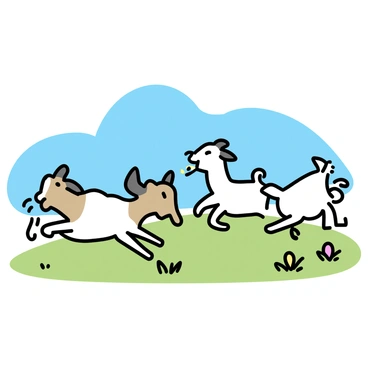 A group of three playful baby goats, each with distinct shades of white and brown fur, are jumping and frolicking in a vibrant green meadow. The sky is clear and blue, casting soft sunlight over the scene. The goats are mid-leap, showcasing their energy and joy, with one goat playfully nibbling on a patch of grass. In the background, there are a few wildflowers scattered throughout the meadow, adding pops of color to the landscape.