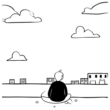 Ayanokoji sitting alone on a rooftop, with his back facing the viewer, observing the horizon. The rooftop is surrounded by a low wall, and there are a few scattered pebbles on its surface. The sky above is detailed with various shapes of clouds, creating a dynamic composition as they stretch across the horizon. "Ayanokoji" is wearing a simple dark jacket, and faint outlines of distant buildings can be seen against the backdrop of the sunset, adding depth to the scene.