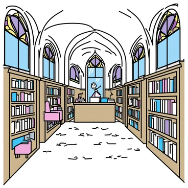 A grand bookstore inside a converted cathedral, featuring tall vaulted ceilings and intricate architectural details. The space is filled with wooden bookshelves that reach almost to the ceiling, lined with a variety of books. Beautiful stained glass windows cast colorful patterns of light onto the polished stone floor. Soft lighting illuminates cozy reading nooks with plush chairs and small tables. A large wooden desk is situated near the entrance, where a staff member assists customers.