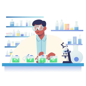 A scientist with short black hair and wearing safety goggles is standing at a laboratory bench, examining several water samples under a bright light. The scientist is dressed in a white lab coat over a light blue shirt. In front of them, multiple petri dishes are arranged neatly, showcasing vibrant green cyanobacteria cultures. Each petri dish is labeled, and some have lids slightly ajar. The lab is filled with various scientific equipment, including beakers and a microscope positioned nearby. The background features shelves stocked with glass vials and lab supplies, contributing to the busy atmosphere of the lab.