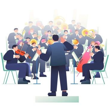 An orchestra is performing a symphony in a concert hall. The stage is filled with musicians playing various string instruments such as violins, violas, and cellos. In the background, several brass instruments like trumpets, trombones, and tubas are prominently displayed. The conductor, a person with short black hair, is standing at the front, passionately directing the musicians with a baton. The audience can be seen in the dimly lit seats, attentively watching the performance. The musicians are wearing formal black attire, and the atmosphere is filled with the energy of live music.