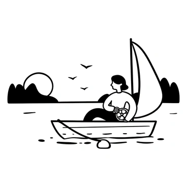 A woman with shoulder-length hair is holding the steering wheel of a small sailboat. The boat has a white sail that is fully extended, catching the wind. The lake is calm, with gentle ripples on the surface. The background features a horizon where the sun is setting, casting a line of light across the water. Silhouetted trees can be seen along the shoreline, creating a sense of depth. The scene includes a few birds in flight above the lake.
