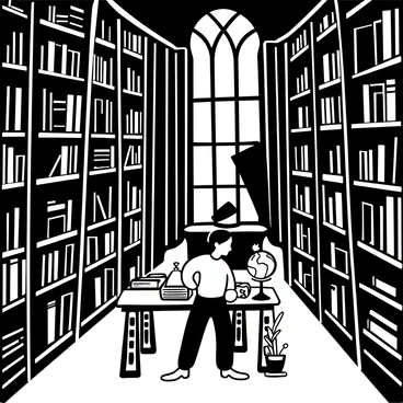An ancient library filled with towering shelves of books that stretch up towards a high ceiling. The shelves are made of dark wood, with ornate carvings and intricate details. In the center of the library, a preacher is standing at a large wooden table, deeply engaged in studying the scriptures. The table is covered with open books and scrolls. Dim light filters through tall, arched windows, casting shadows across the room and highlighting the dust motes swirling in the air. A large globe and a quill in an ink pot are also present on the table.