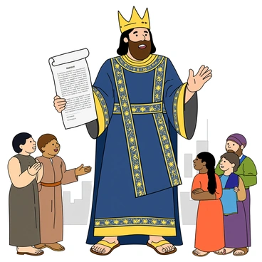 A regal figure representing the King of Nineveh stands tall, adorned in ornate robes featuring intricate patterns and deep blue hues. He has a solemn expression on his face, his brow slightly furrowed. In one hand, he holds a large, rolled parchment representing the decree, while the other hand gestures towards a group of citizens who are gathered before him. The citizens display a mix of surprise and concern, with a few looking up at the king while others bow their heads. The background includes simple outlines of ancient buildings, giving the impression of a city setting. The scene conveys a sense of urgency and the importance of the message being delivered.