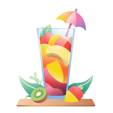 A tall glass filled with a vibrant tropical smoothie is positioned in the center. The smoothie is a blend of bright yellow bananas, orange mangoes, deep red strawberries, and green kiwis, all swirled together. A small, colorful umbrella is perched on the rim of the glass, adding a festive touch. Surrounding the glass are scattered pieces of the same fruits, showcasing their vivid colors and textures. The glass sits on a wooden table, and the background features hints of tropical foliage.