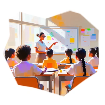 A classroom scene filled with students of various ethnicities, including a boy with curly black hair, a girl with long brown hair, a boy with glasses and short hair, and a girl with braids. The students are seated at desks, attentively listening to a teacher standing at the front of the room. The teacher, who has an olive complexion and short hair, is pointing to a whiteboard filled with colorful diagrams and notes. Sunlight streams through large windows, creating a warm, inviting atmosphere. Educational posters adorn the walls, and books and supplies are scattered across the desks.