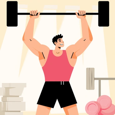 A muscular weightlifter with short black hair is positioned in a gym, raising a black barbell overhead with both hands. He is wearing a red tank top and black shorts, showcasing his defined muscles. The gym has wooden flooring and various gym equipment in the background, including weight plates and benches. Bright overhead lights illuminate the scene, highlighting the weightlifter's focused expression and the effort involved in lifting the barbell.