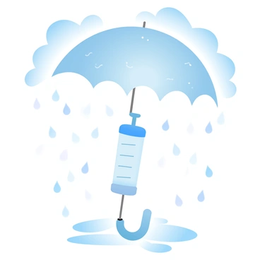 A syringe with a transparent barrel is positioned upright, and its needle is seamlessly transforming into the handle of an umbrella. The umbrella is fully opened, featuring a canopy made of clear, raindrop-speckled material. Surrounding the umbrella, heavy rain is falling with visible droplets creating ripples in puddles on the ground. Dark clouds fill the sky, enhancing the dramatic atmosphere of the scene. The syringe and umbrella combination stand as a focal point, capturing the interplay between medicine and protection from the rain.