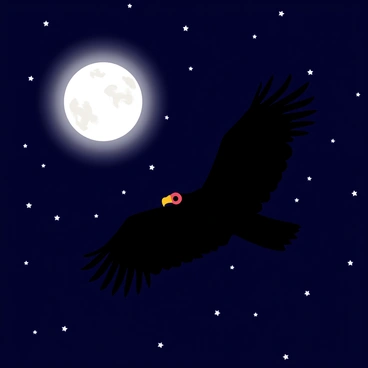 A turkey vulture with dark feathers is soaring gracefully through the night sky. The full moon casts a bright, silvery light, illuminating the vulture's wings as it glides. The background is filled with countless stars scattered across the deep blue-black sky, twinkling softly. The scene captures the serene atmosphere of a tranquil night, emphasizing the majestic flight of the vulture against the celestial backdrop.