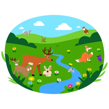 A scenic landscape with a variety of animals representing different genders coexisting peacefully. In the foreground, a majestic stag with impressive antlers grazes beside a gentle doe, while playful rabbits hop nearby. A vibrant bluebird perches on a blooming flower, and a sleek, male fox watches curiously from the bushes. In the background, rolling hills dotted with wildflowers rise under a clear blue sky, and a sparkling stream winds its way through the scene, reflecting the sunlight. The atmosphere is filled with the sights and sounds of nature, as the animals interact harmoniously in their beautiful environment.