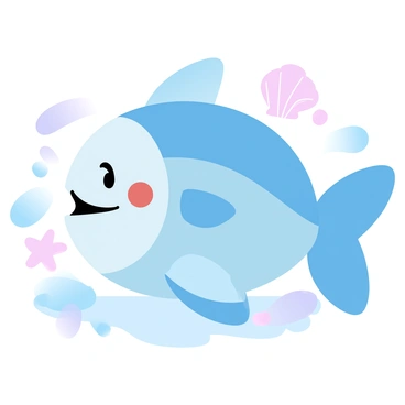 A plush toy shaped like a cartoon tuna fish is sitting on a soft pastel-colored surface. The tuna fish has a rounded body in vibrant blue with lighter blue stripes. Its fins are short and rounded, and its tail is wide and playful. The plush toy is smiling with an inviting expression, and its body is slightly squishy. Surrounding the tuna fish are small starfish and seashells in matching pastel tones, creating a cheerful underwater theme.
