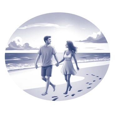 A couple is walking along a beach, holding hands closely. The man is wearing casual shorts and a t-shirt, while the woman is in a flowing sundress. Their footprints are visible in the sand, leading towards the horizon. Above them, a vibrant sunset stretches across the sky, with swirling clouds creating a dramatic effect. The water reflects the light from the sunset, creating gentle waves lapping at the shoreline. The couple is smiling, enjoying their time together as they stroll in a relaxed manner.