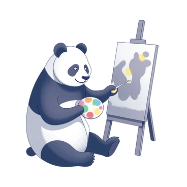 A panda bear sitting in a relaxed position. It is holding a painter's palette in its right paw, which features various colors. The panda's left paw is raised, as if it is applying paint to a canvas positioned in front of it. The canvas displays an abstract design, showcasing different shapes and patterns that reflect creativity. The panda has a focused expression, concentrating on its artistic work. The setting includes a simple easel supporting the canvas, emphasizing the art-making process.
