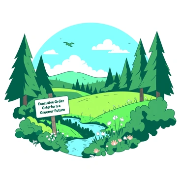 A breathtaking landscape showcases a lush green forest transitioning into a vibrant meadow filled with various wildflowers. In the foreground, there are several tall trees with healthy leaves, while in the background, the forest gradually gives way to open fields. A clear blue sky is dotted with soft white clouds. In the center, a signpost stands, prominently displaying the text "Executive Order for a Greener Future," surrounded by small saplings and wildflowers. Birds can be seen soaring above, and a small stream runs through the scene, reflecting the colors of the landscape.