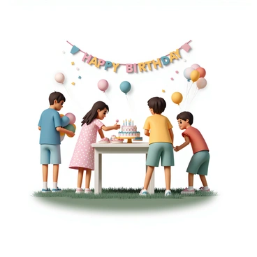 A group of four children, two boys and two girls, are celebrating a birthday party in a vibrant backyard. The first boy is wearing a blue t-shirt and light blue shorts, holding a cluster of colorful balloons in his hands. The second boy, dressed in a red shirt and green shorts, is leaning over a table full of treats. The first girl, in a pink dress with white polka dots, is smiling as she reaches for a slice of cake adorned with candles. The second girl, wearing a yellow t-shirt and denim shorts, is playing a game of balloon toss with the boys. In the background, a bright banner reading "Happy Birthday" is displayed above the table. A grassy area is visible, and decorations in various colors enhance the festive atmosphere.