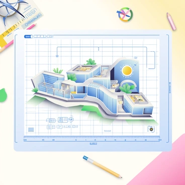 A large architectural blueprint displaying a futuristic building is laid out on a light-colored table. The blueprint features intricate lines and symbols representing various sections of the structure. The building has multiple levels with a unique, asymmetrical design, including curved walls and large glass panels. There are labeled areas indicating spaces such as offices, lobbies, and recreational areas. Various annotations and dimensions are visible, along with a scale bar at the bottom. In the background, there are design tools such as a compass, a ruler, and colored pencils scattered across the table.