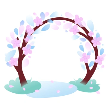 A whimsical archway is formed by flowering trees with vibrant blooms in various shades of pink and white. The branches gracefully curve to meet each other above a serene path, which is lined with lush green grass. The path appears to be winding gently through the archway, inviting passage. Small petals from the flowers are scattered along the ground, creating a colorful carpet beneath the trees. Sunlight filters through the leaves, casting soft, dappled light on the path below.