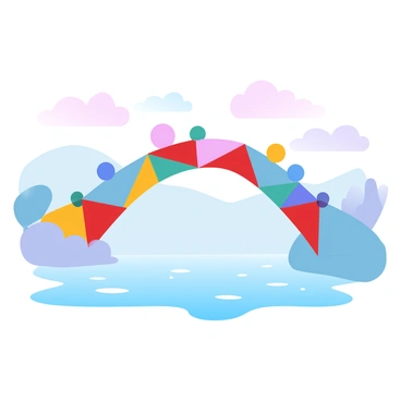 An abstract illustration of a symbolic bridge with geometric shapes and vibrant colors