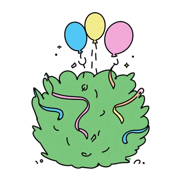 A green hedge, trimmed neatly and shaped, is adorned with colorful ribbons and balloons. The ribbons are cascading down in bright shades of red, blue, and yellow, intertwining among the leaves. Several balloons, in various colors such as pink, green, and orange, are tied to the branches and floating slightly above the hedge. A few scattered confetti pieces are visible at the base of the hedge, adding to the festive atmosphere.