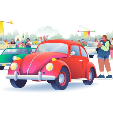 A classic car show is taking place in an open field filled with various vintage cars. In the foreground, a shiny, restored VW Beetle with a vibrant red exterior is prominently displayed. The car's chrome bumpers reflect sunlight, showcasing its polished surface. Surrounding the Beetle, there are other classic cars, including a blue Mustang and a green Chevy. People of various ages are admiring the vehicles, some taking pictures while others engage in conversations. Colorful flags and banners flutter in the gentle breeze, adding to the festive atmosphere of the event.