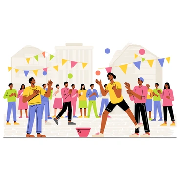 A group of street performers is showcased in a lively urban setting. The performers include a juggler tossing colorful balls high into the air with a focused expression, while another performer is executing acrobatic flips and jumps nearby. The crowd is depicted with diverse individuals, all engaged and clapping, with some children watching in awe. The background includes a cobblestone street and buildings adorned with bright banners. A small hat is placed on the ground in front of the performers, indicating a collection of tips.