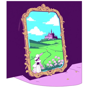 A large ornate mirror with a gilded frame is positioned in a dimly lit room. The glass surface of the mirror shimmers with an ethereal glow, reflecting a vivid scene rather than the viewer. In the reflection, there is a vibrant landscape depicting a lush green field under a bright blue sky with fluffy white clouds. Alongside the field, a winding path leads to a distant majestic castle. Flowers in shades of pink and yellow bloom along the pathway, and a person in elegant attire stands at the castle's entrance, gazing out toward the viewer. The mirror's frame features intricate carvings of vines and flowers, enhancing the mystical atmosphere of the scene.