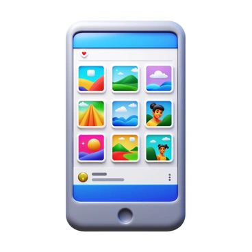 A social media feed displayed on a smartphone screen, showcasing a variety of vibrant digital illustrations. The feed features colorful artwork, including characters, landscapes, and abstract designs. Each illustration is framed within a rectangular box with rounded corners, some with comments and likes visible beneath them. The screen has a glossy finish, reflecting light. The background is a subtle gradient that complements the vivid colors of the illustrations.