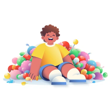 A child with curly brown hair is sitting on the ground, surrounded by an enormous pile of colorful candy and sweets. The child is wearing a bright yellow t-shirt and denim shorts, with a joyful expression on their face. The candy assortment includes red gummy bears, blue lollipops, green jelly beans, and pink cotton candy, creating a vibrant scene. There are wrappers scattered around, showcasing a variety of colors. The sunlight casts playful shadows across the candy, enhancing the lively atmosphere.