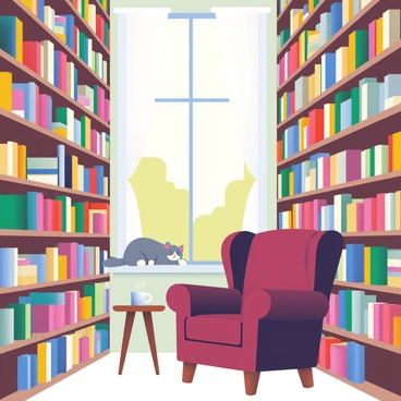 A cozy old bookstore features towering wooden shelves filled to the brim with an assortment of books in various colors and sizes. The shelves are arranged in neat rows, creating narrow aisles that invite exploration. Sunlight streams through a large window where a fluffy gray cat with white paws is sleeping peacefully on the windowsill. The window is framed by sheer curtains that gently sway in the breeze. In the background, a plush armchair upholstered in deep burgundy is tucked into a corner, next to a small wooden table with a steaming cup of tea resting on it.