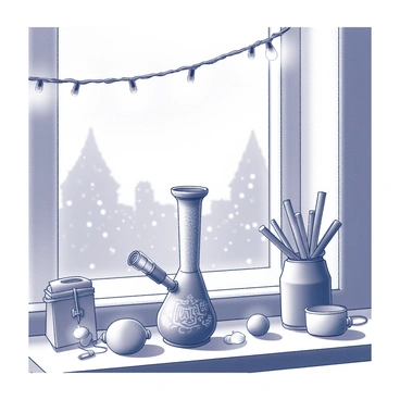 A cozy winter scene set indoors, featuring a glass bong placed on a wooden table. The bong is adorned with intricate patterns and surrounded by a scattering of decorative items. Twinkling lights are strung overhead, casting a warm glow throughout the space. Nearby, festive decorations such as garlands and ornaments add to the atmosphere. A window in the background reveals a light dusting of snow outside, enhancing the wintery feel.