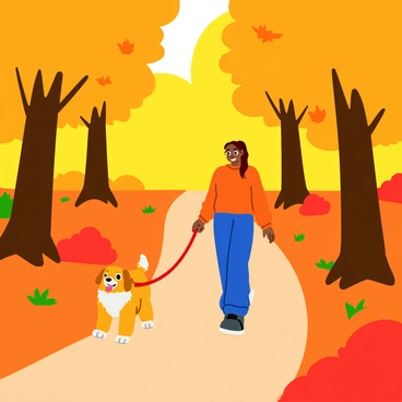 A forest path covered in vibrant orange, red, and yellow autumn leaves. The path winds gently through tall trees with golden foliage, creating a canopy overhead. A person, wearing a cozy sweater, is walking along the path, smiling as they hold a dog's leash. The dog, a fluffy golden retriever, trots happily beside them, its tail wagging. Sunlight filters through the leaves, casting playful shadows on the ground.