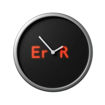 A round wall clock with a metallic frame, hanging upside down on a white wall. The clock face is a glossy black, and instead of traditional numbers, there are digital-style letters displaying the word "Error" in bright red. The clock hands are sleek and minimalist, with the hour hand pointing directly to the letter "E" and the minute hand pointing to the second "R." There are no numbers or other markings on the clock, emphasizing the unusual display.