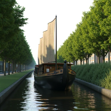 A vintage barge from the 1800s with a dark wooden hull and ornate detailing on the sides. It has a tall, weathered mast and billowing sails catching the breeze. The barge is gliding smoothly through a narrow canal. On either side, there are vibrant green trees and dense foliage, providing a rich contrast to the barge's structure. Sunlight filters through the leaves, casting dappled shadows on the water's surface. The scene captures a sense of tranquility and historical charm.