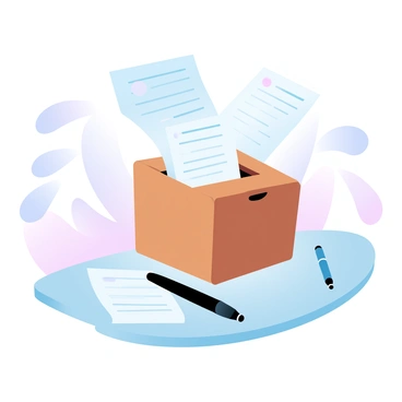 A suggestion box is situated on a table inside a community center. The box is a wooden design with a slot on the top for inserting feedback forms. Several feedback forms are being inserted into the box, showing various colors and designs. Around the box, there are additional forms scattered on the table, along with a pen resting next to them. The background features soft pastel colors on the walls, creating a warm and inviting atmosphere.