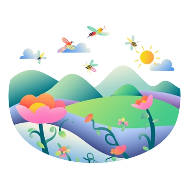 A whimsical landscape features rolling hills painted in vibrant shades of green, blue, and purple. In the sky, various flying creatures can be seen, including bright, multi-colored birds and fantastical insects with intricate wing patterns. Below, surreal plants with oversized, bulbous flowers in shades of pink, orange, and yellow are scattered throughout the scene. Some plants have twisting vines that seem to dance in the gentle breeze. The sun shines brightly, casting playful shadows on the ground and illuminating the vibrant colors of the flora and fauna.