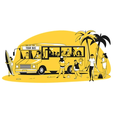 A tour bus parked near a sandy beach, displaying a bright "Tour Bus" sign on its front. Several tourists are gathered around the bus, some holding surfboards in various sizes, while others are carrying beach towels, coolers, and umbrellas. The beach is visible in the background, with gentle waves lapping at the shore. A few palm trees can be seen along the edge of the beach, providing some shade. Tourists are smiling and chatting as they prepare for a day of fun.